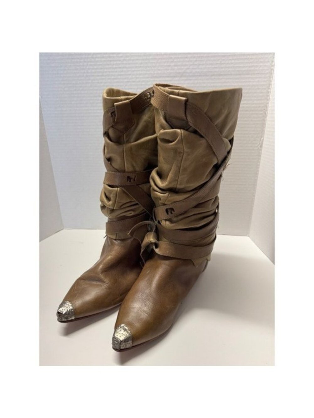Vintage Tobacco Road Brown Leather Slouch Wrap Boots Italy Size 39 Women 8.5